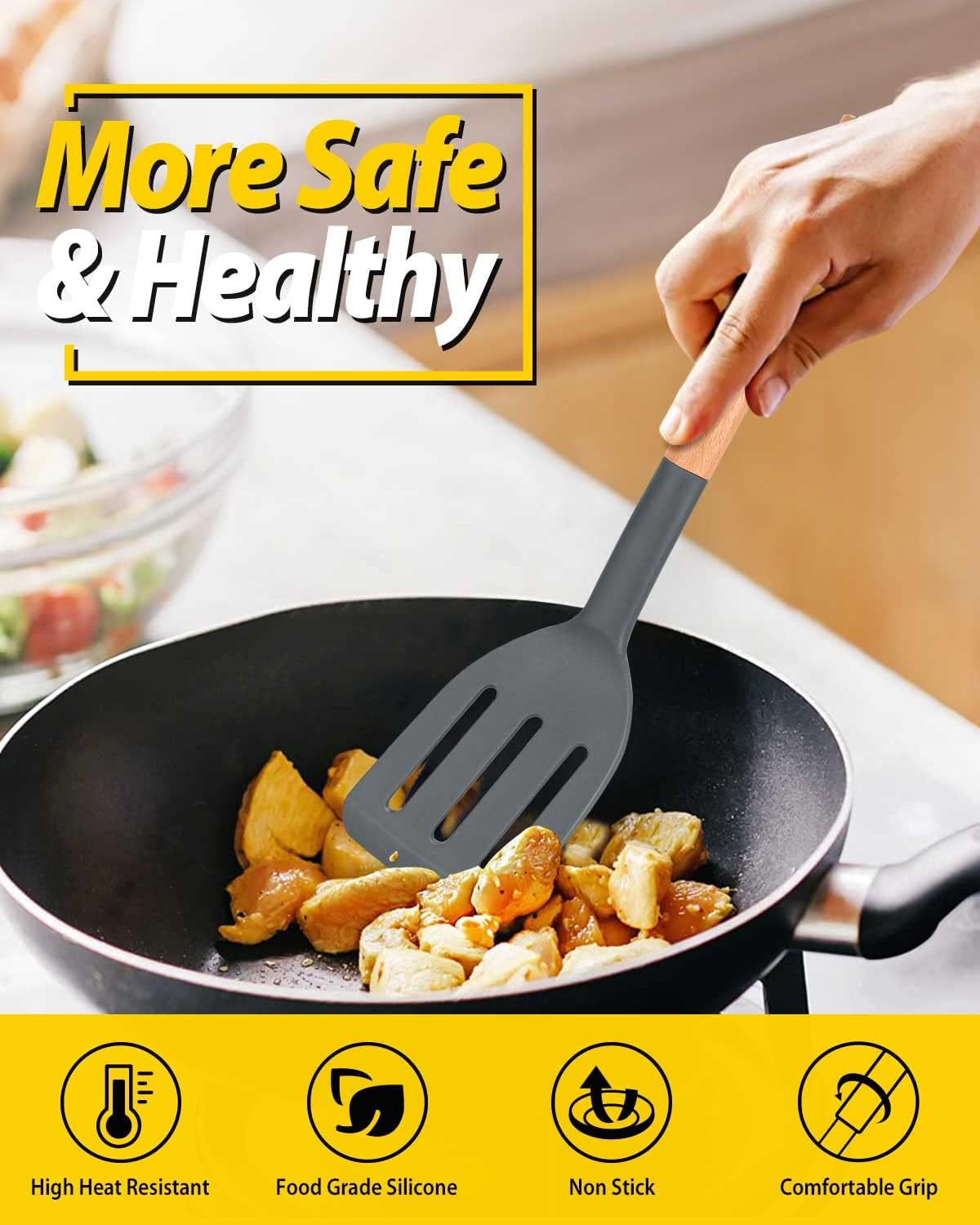 BUNDLEPRO Silicone Spatula, Solid & Slotted Turner, BPA-Free, 2 Pack, Black