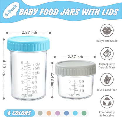 DRKIO 6 Pack Glass Baby Food Storage Containers - 4 Oz Baby Food Jars with Lids Baby Food Maker Microwave Dishwasher Freezer Safe 100% Leak Proof BPA Free Reusable