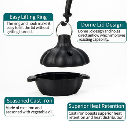 Cast Iron Garlic Roaster with Handle, Smoker Roaster, Garlic Cooker, Garlic Baker, Garlic Roasting Pot, Potato Baker, Mini Cocotte, Used in the Kitchen Oven or Outdoors on a BBQ Grill Stove