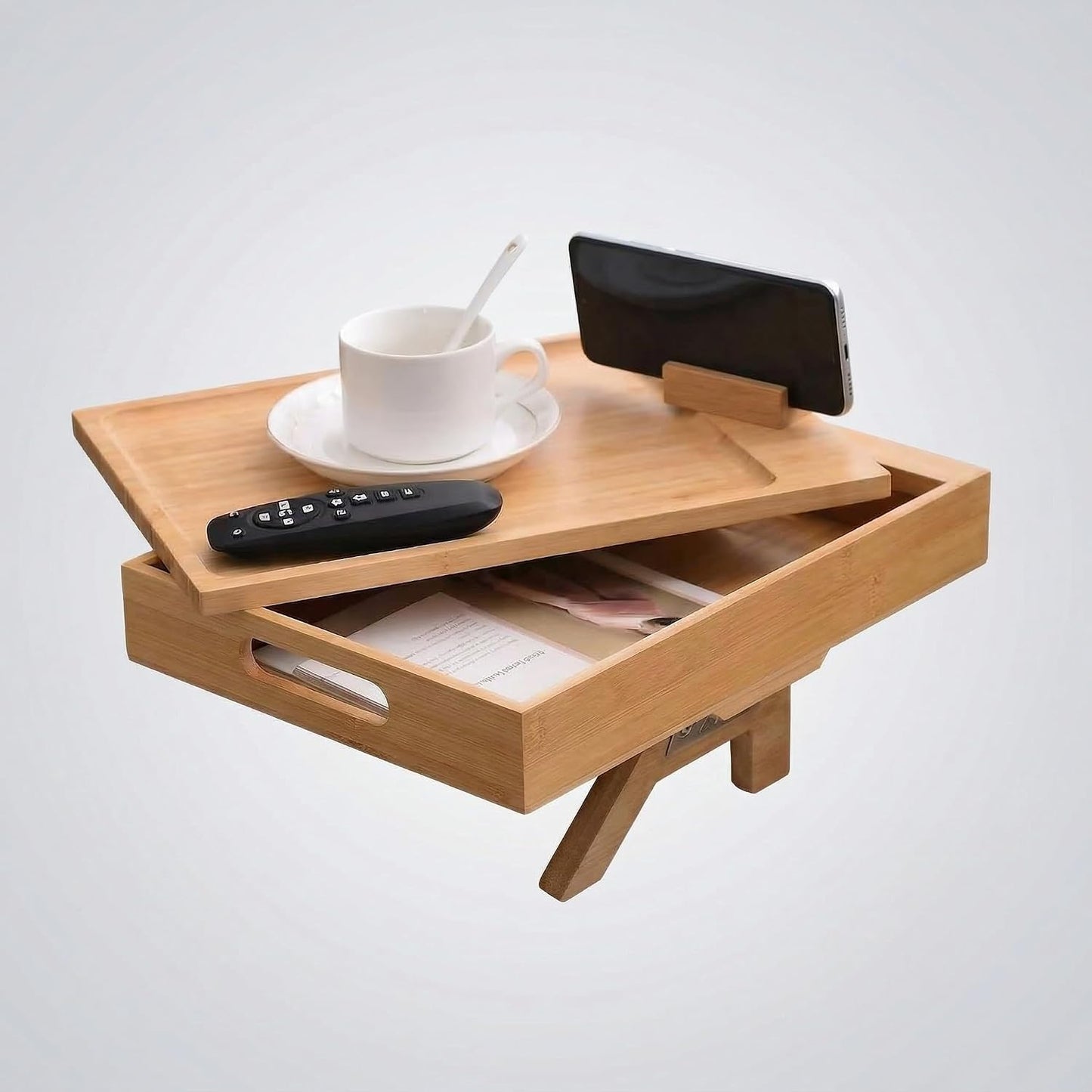 Premium Bamboo Sofa Arm Tray with 360° Swivel Lid & Phone Holder | 3-in-1 Couch Armrest Table with Hidden Storage for Drinks, Snacks, Remote (lid)