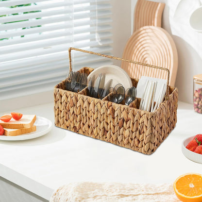 Silverware Organizer,Hand-Woven Wicker Kitchen Utensil Caddy with Handle,Cutlery Holder for Party Camping,Flatware Spoon Condiment Basket,Water Hyacinth Utensil Holder for Kitchen Counter