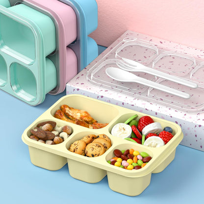 Bento Box Adult Lunch Box - 4 Pack, 5 - Compartment Meal Prep Container for Kids, Reusable Food Storage Snack Containers - Stackable for School, Work, and Travel (Wheat(Green/Blue/Pink/Beige))
