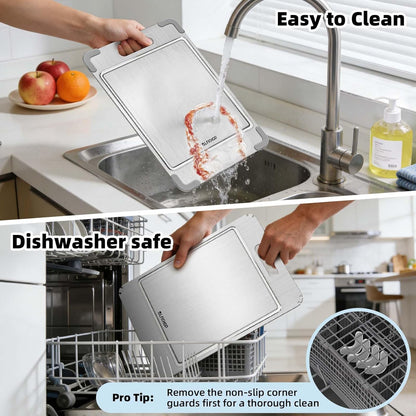 3PCS Titanium Cutting Boards for Kitchen- Food Grade Double Sided Chopping Board with Juice Groove, Removable Anti-Slip Corners, Dishwasher Safe for Meat/Fruits/Vegetables, Grey