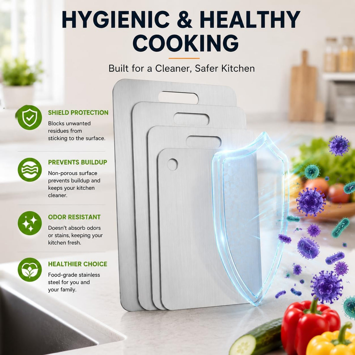 4 Pcs Stainless Steel Cutting Board, Metal Cutting Boards for Kitchen, Dishwasher Safe Chopping Board with Extra Anti-Slip Placemat (17.9"×11.8", 15.3"×11", 13.4"×9", 11.4"×7.8")