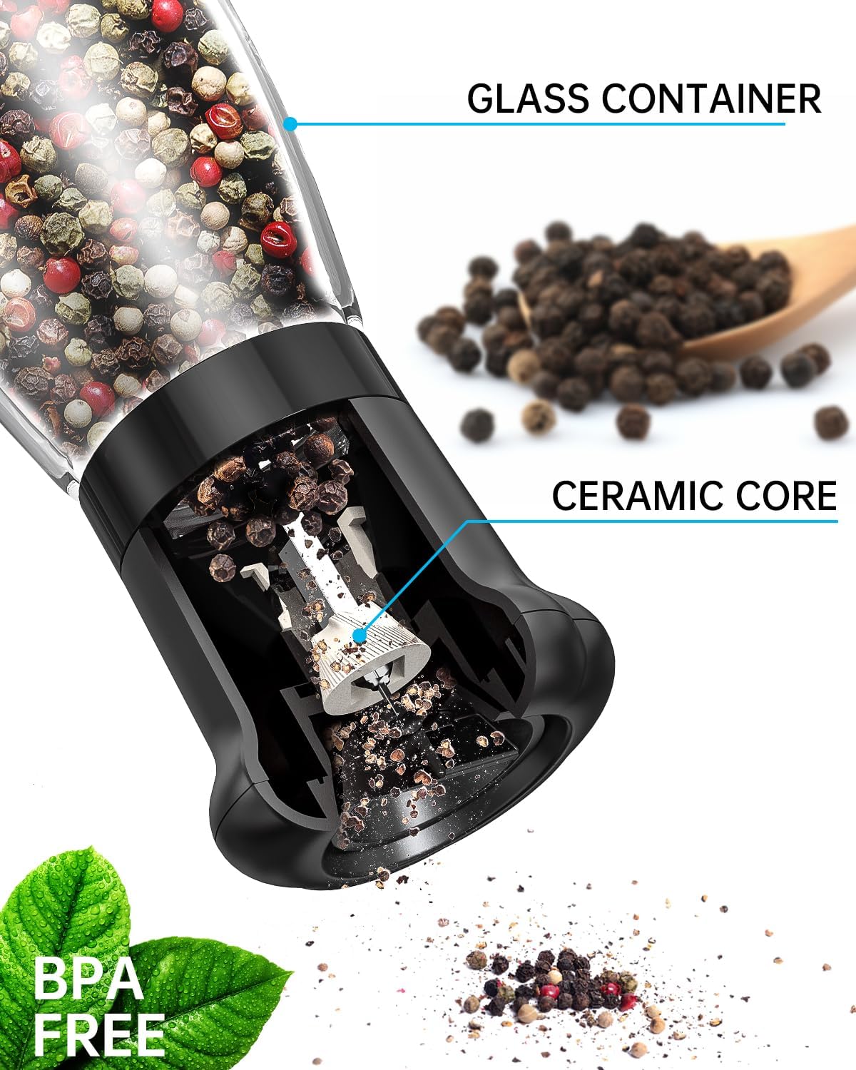 CIRCLE JOY Premium Manual Salt and Pepper Grinder Set, Refillable Salt and Pepper Shakers with Ceramic Blades, Adjustable Coarseness and BPA-free 180ml Glass Container, Tall Black White