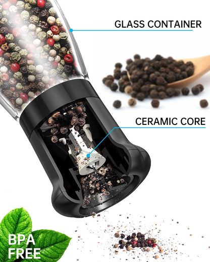 CIRCLE JOY Premium Manual Salt and Pepper Grinder Set, Refillable Salt and Pepper Shakers with Ceramic Blades, Adjustable Coarseness and BPA-free 180ml Glass Container, Tall Black White