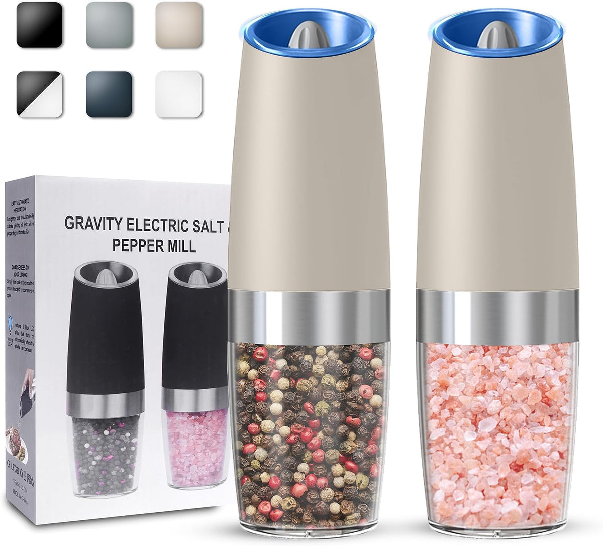 UNNEES Battery Operated Gravity Salt And Pepper Grinder Set, 2 Pcs (Black)
