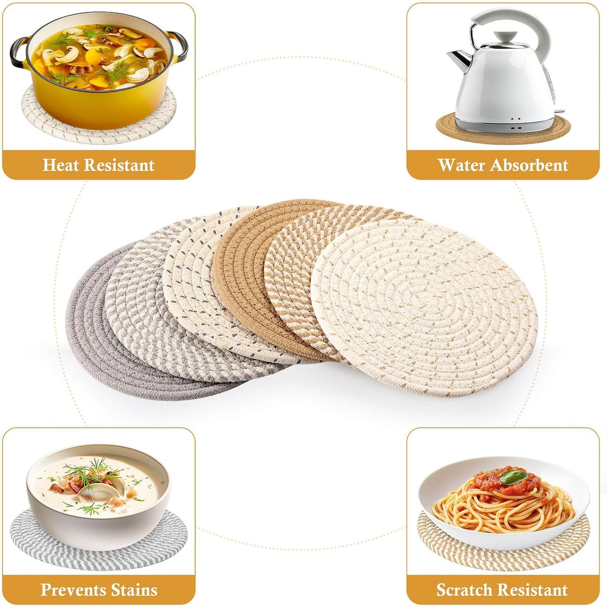 Billbotk 8'' Trivets Hot Dishes, Hot pots and Pans, 6 Heat Resistant Hot Pads, Pot Holders Kitchen, Hot Plate Mats Kitchen Countertops, Table, Home Essentials New Home and Farmhouse Decor