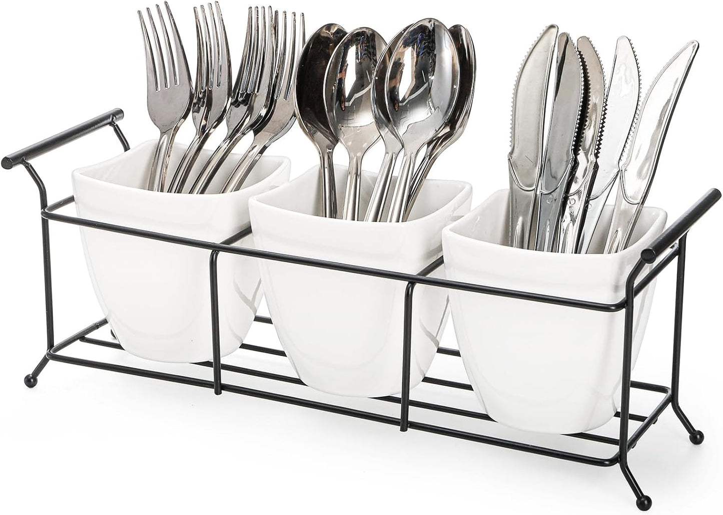 Bekith 3-Piece Ceramic Flatware Caddy with Metal Rack, Utensil Holder Silverware Caddy Cutlery Organizer, White