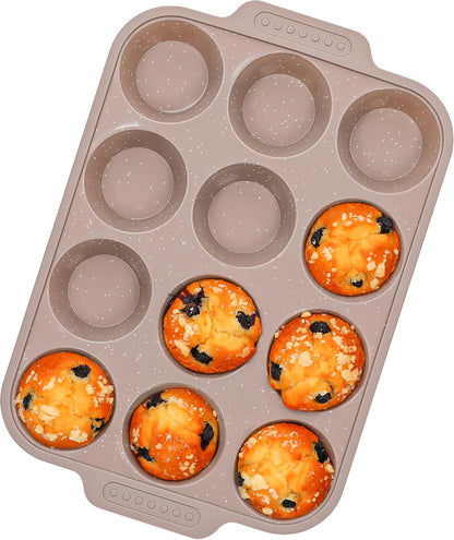 2 Pcs Silicone Muffin Pans for Baking with Metal Reinforced Frame, Nonstick Cupcake Tray for Oven, 12 Cups Regular Size Silicone Molds for Egg Bites, Dishwasher Safe (Brown, Cream)