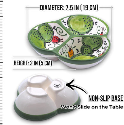 Ceramic Chip & Dip Bowl 7.5”, 3-Compartment Divided Serving Dish & Condiment Tray for Appetizers – Handmade in Spain, Lead-Free Glaze, Microwave, Oven & Dishwasher Safe
