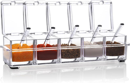 V·RESOURCING Clear Seasoning Box, 3 Pieces Seasoning Rack Spice Pots Storage Container for Spice Salt Sugar Cruet Liquid,Condiment Jars with 3 Spoons