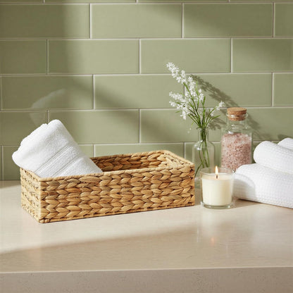 Household Essentials Water Hyacinth Rectangular Storage Basket with Handwoven Fibers and Iron Frame, Natural Finish