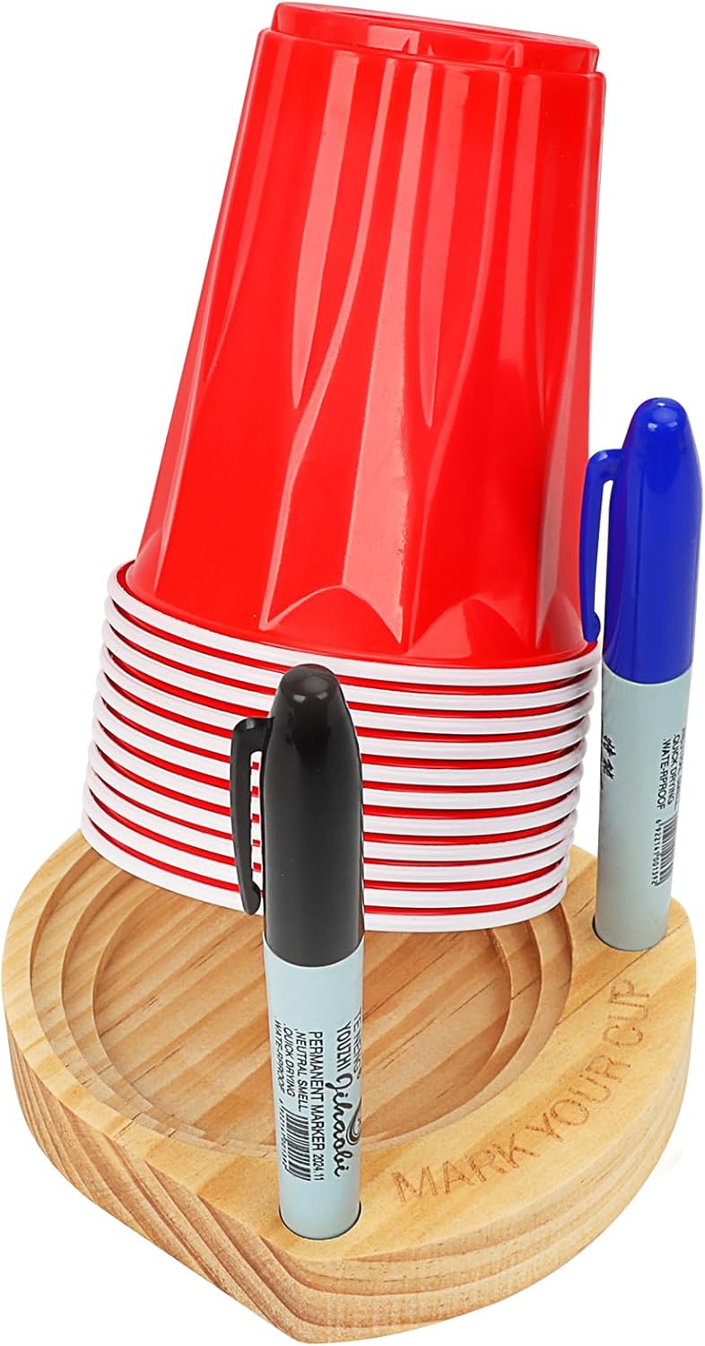 2 Pcs Party Cup Holder with Marker Slot, Wooden Cup Organizer with 2 Markers, Mark Your Cup and Drink Up, Plastic Paper Cup Dispenser, Fits 10 12 16 18 oz Disposable Drinking Cups