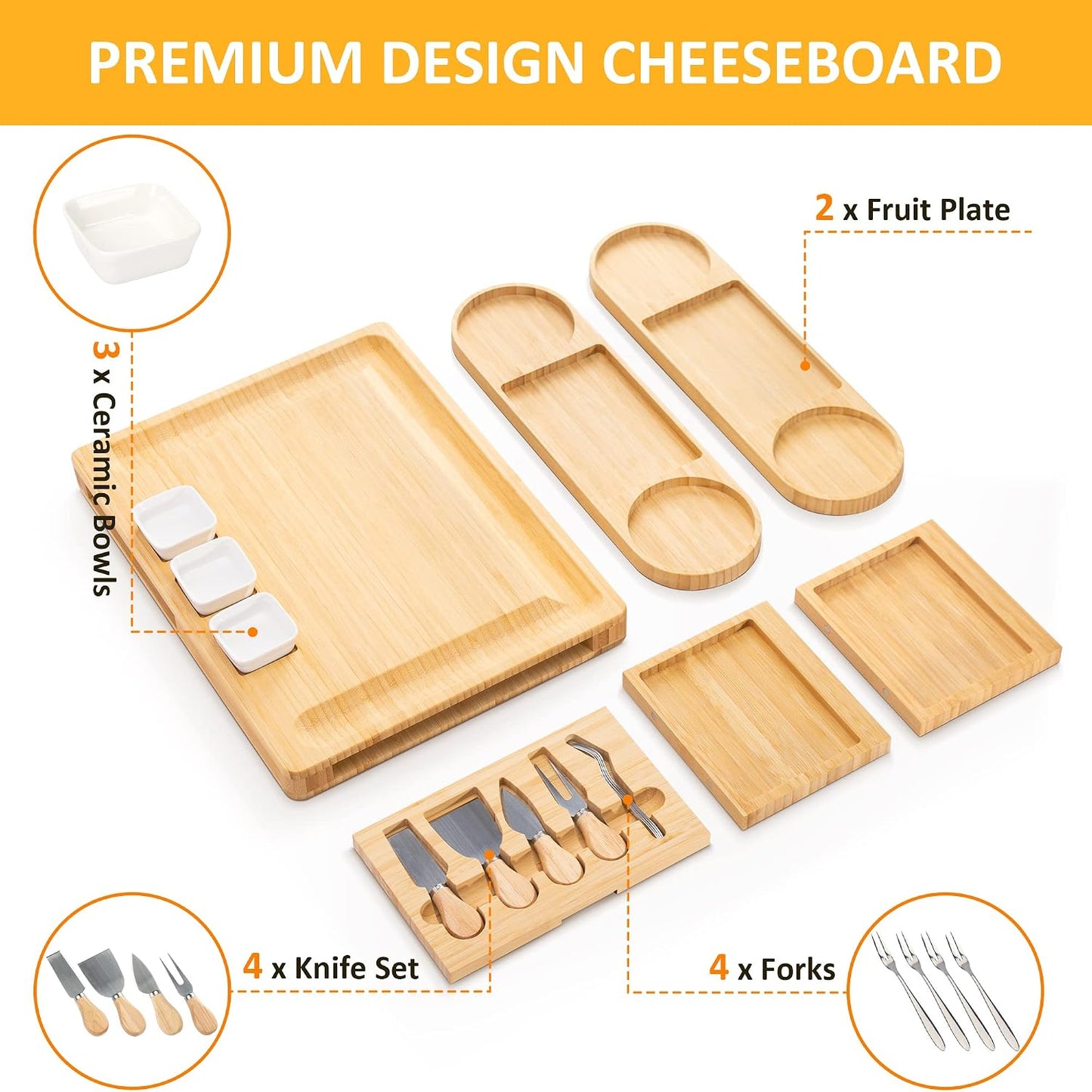 Charcuterie Board Set - FamRica Extra Large Cheese Board with 2 Drawers Bamboo Cheese Tray Serving - Unique Wedding Housewarming Birthday Gifts