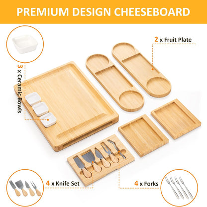 Charcuterie Board Set - FamRica Extra Large Cheese Board with 2 Drawers Bamboo Cheese Tray Serving - Unique Wedding Housewarming Birthday Gifts