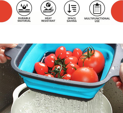2 PCS Collapsible Colander, Collapsible Strainers for Kitchen, 11.5 inch Silicone Strainer and 9.5 inch Silicone Colander for Draining Vegetable fruit, Kitchen Food Strainer, Blue (Green)