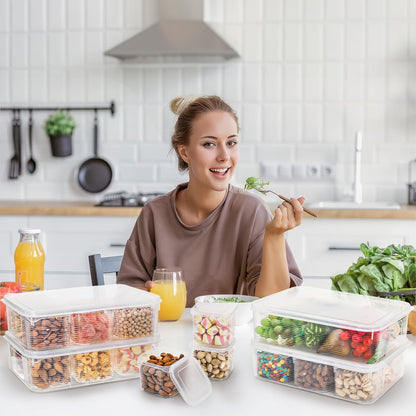 4 Pack Salad Bar Container for Fridge, Plastic Food Storage Organizer with Lid, Stackable Refrigerator Bins with 24 Individual Removal Boxes, Reusable Meal Prep Container for Fruit, Vegetable