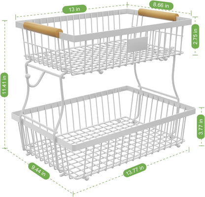 2 Tier Fruit Basket for Kitchen Counter with 2 Banana Hangers, Countertop Metal Bread Basket with Wooden Handle, Large Storage Stand for Vegetables, Snacks, Eggs, Produce Storage – Black