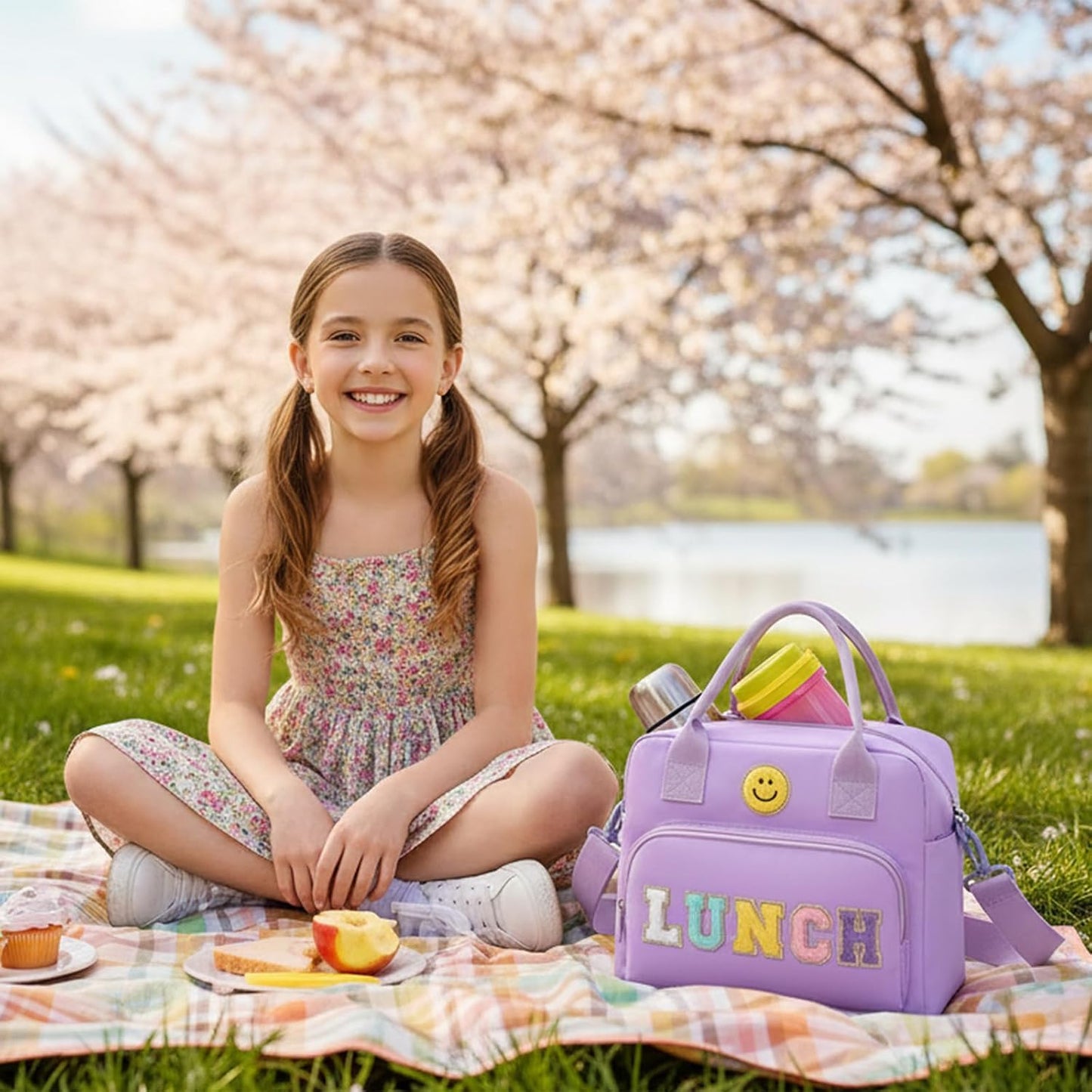 RLGPBON Insulated Lunch Bag Teen Girls, Preppy Lunch Box Large Insulated Lunch Bag Reusable Lunch Tote Bag, Preppy LunchBag for Girls School Travel Picnic