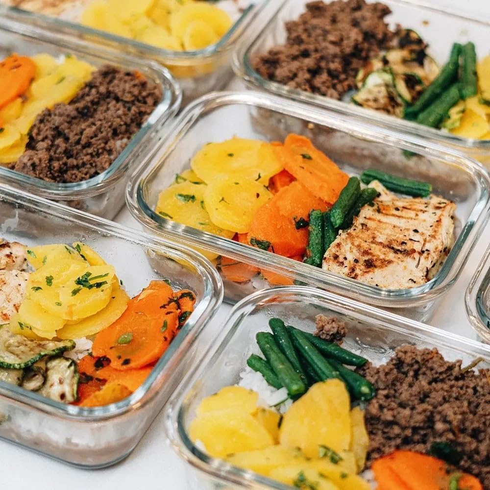 Rectangular Glass Food Storage Containers with Airtight Lids, 5-Piece Set – 34oz, 22oz, 13oz Meal Prep & Leftover Containers, Oven Microwave Freezer Dishwasher Safe