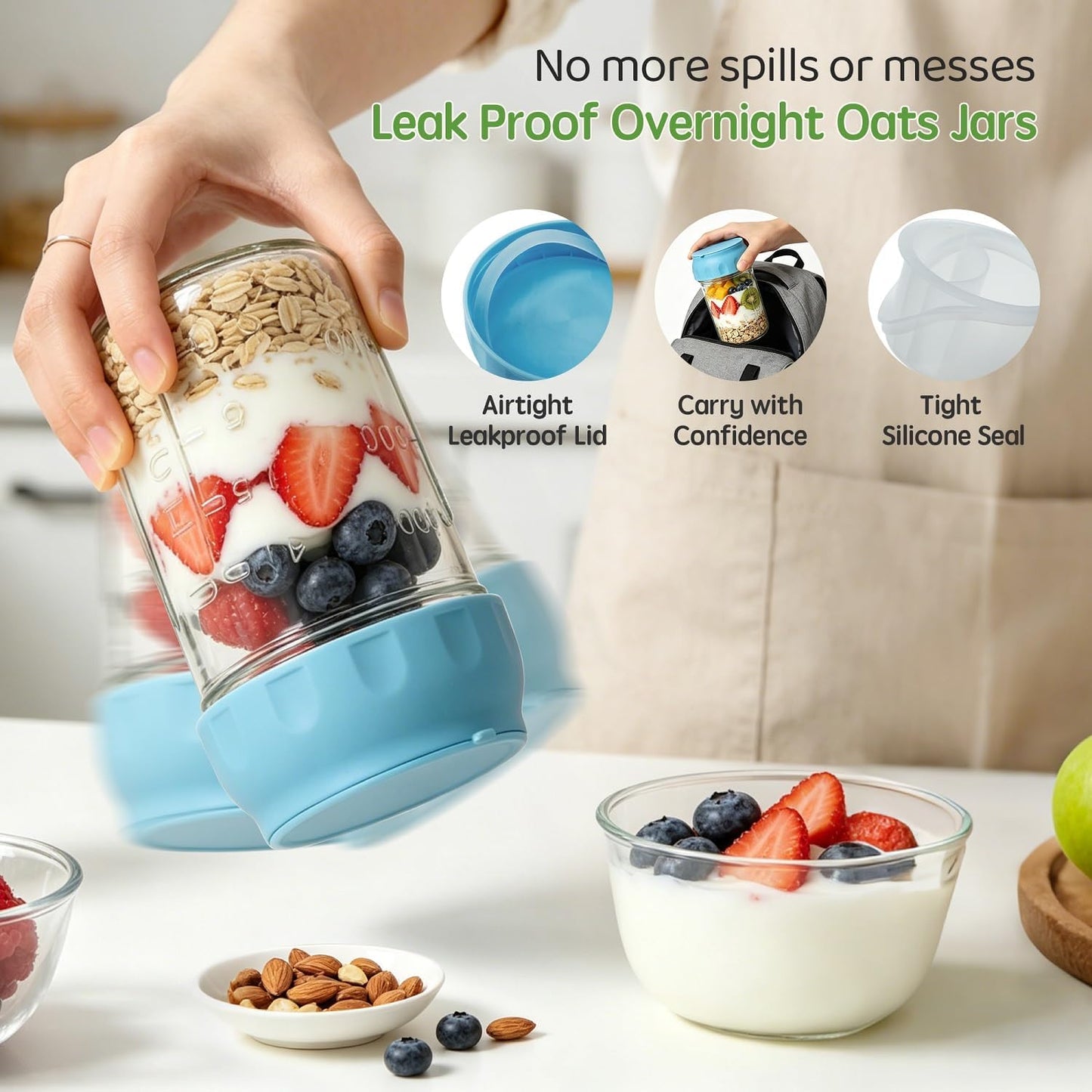 Overnight Oats Containers with Lids and Spoons - 4 Pack 16 oz Glass Mason Jars with Separate Compartments Airtight Overnight Oat Jars Leakproof Yogurt Parfait Cup for Oatmeal Chia Pudding Cereal Salad