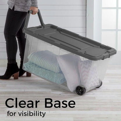 Extra Large Clear Wheeled Storage Bin, 40 Gallon, Plastic Container with Latch Lid and Pull Handle for Closet, Garage, Office