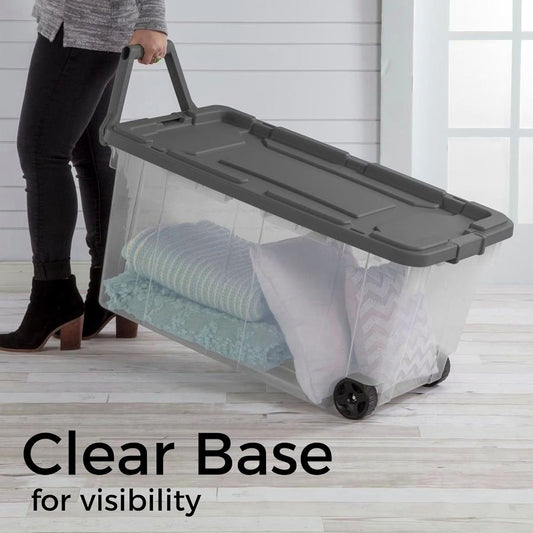 Extra Large Clear Wheeled Storage Bin, 40 Gallon, Plastic Container with Latch Lid and Pull Handle for Closet, Garage, Office