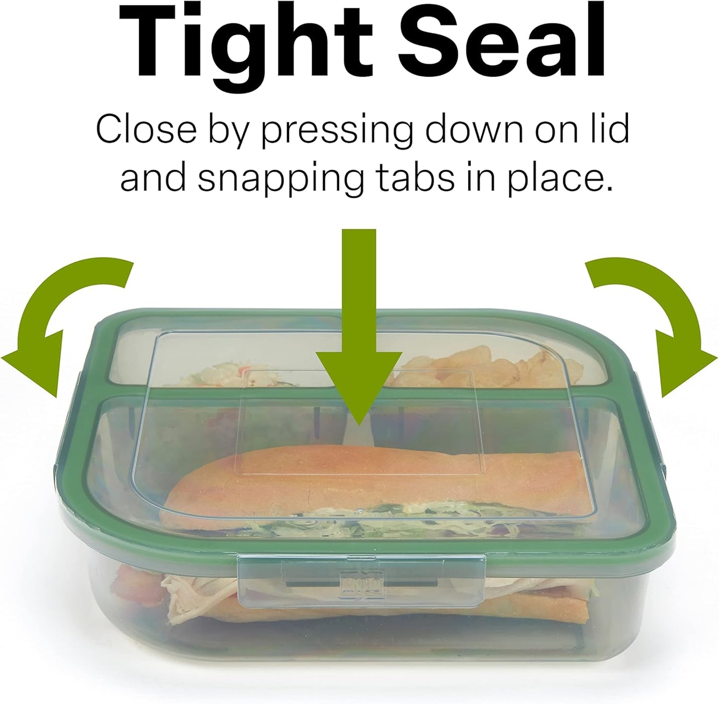 MyGo Container Large To-Go 3-Compartment Food Containers, Pack Of 3, 9-3/8" X 9-3/8" X 2-1/2", Reusable, Microwave Safe, NSF Certified, Smoke/Green