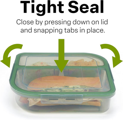 MyGo Container Large To-Go 3-Compartment Food Containers, Pack Of 3, 9-3/8" X 9-3/8" X 2-1/2", Reusable, Microwave Safe, NSF Certified, Smoke/Green