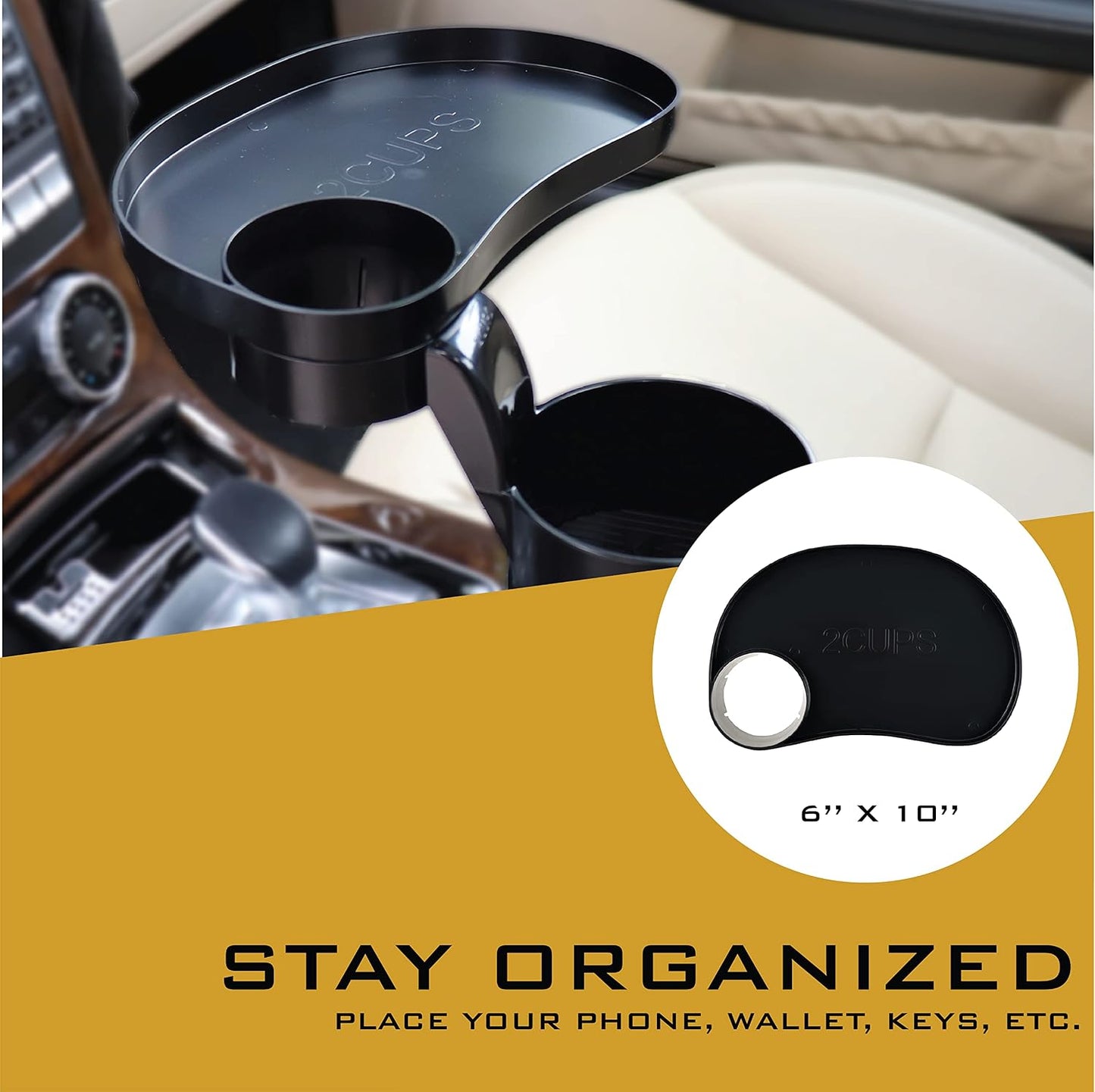 2CUPS Car Cup Holder Expander and Attachable Tray, Fits Yeti/Hydroflasks/Nalgene 16-40 oz. Dual Cup Holder with Adjustable Swivel Tray. Organizer Table for car, Truck, Automotive