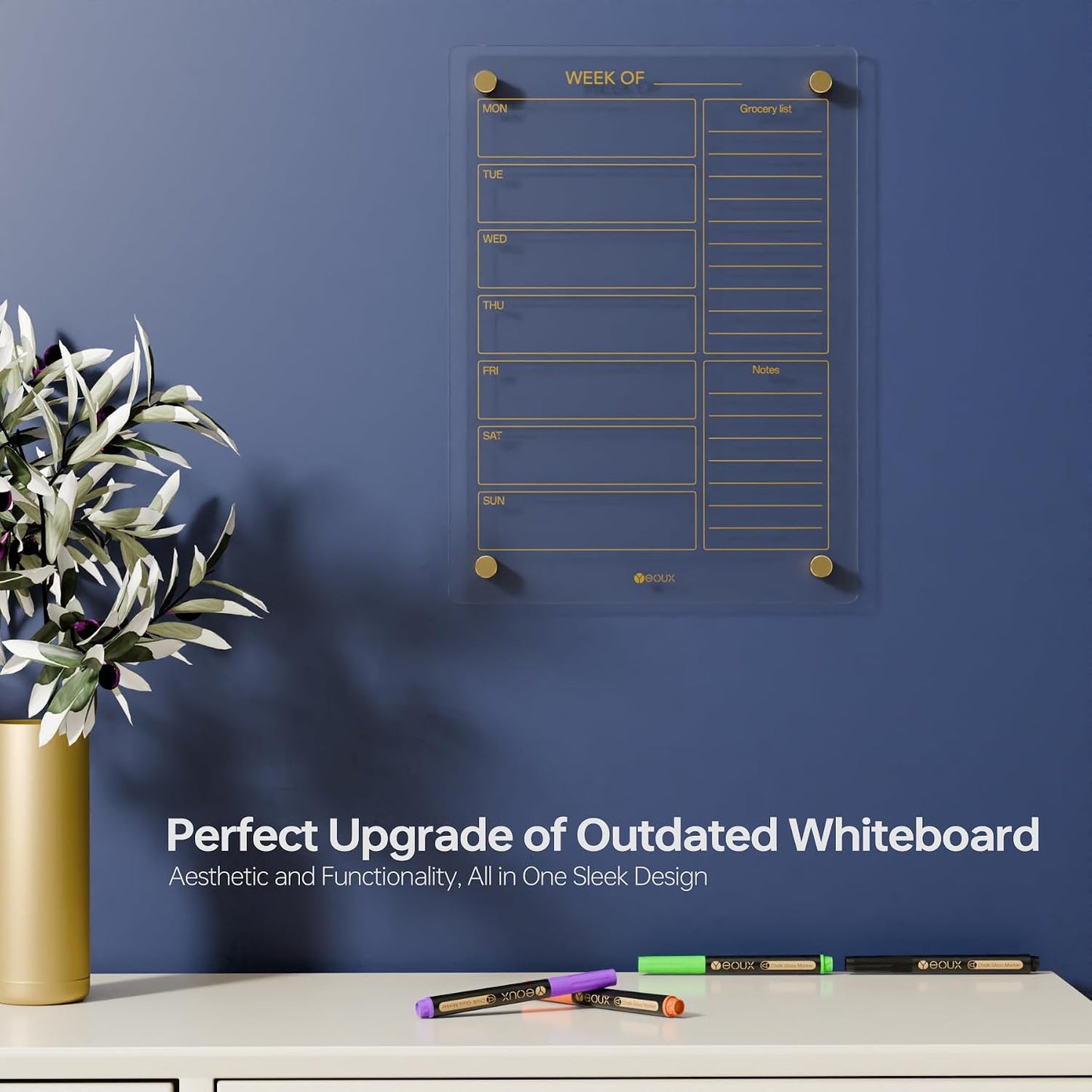 Clear Glass Weekly Dry Erase Calendar & Menu Non-Magnetic Whiteboard for Wall, Meal Plan & Grocery List White Board for Kitchen, 15x11, 7 Days Home Planner, 4 Wet Erase Markers Included, Yeoux