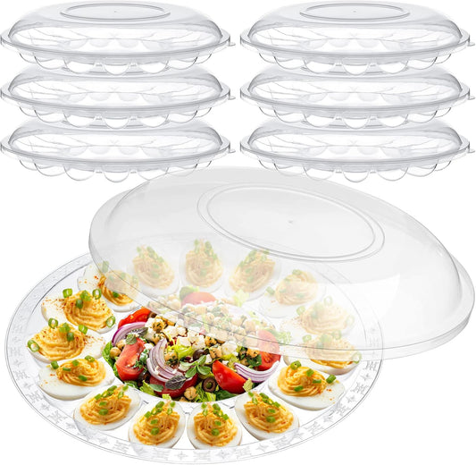 Shellwei 6Pcs Deviled Egg Platter with Lid Container Tray with 15 Slots Reusable Plastic Round Holder for Deviled Eggs, Fruits, Veggies, and Finger Foods 12 Inch