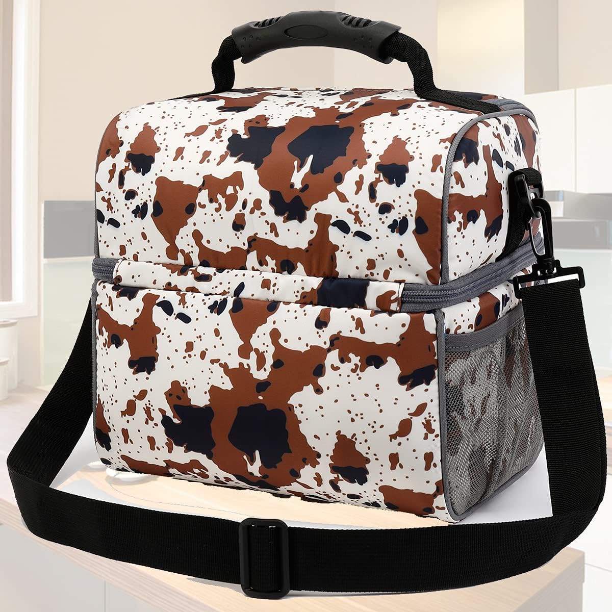 FlowFly Double Layer Cooler Insulated Lunch Bag Adult Lunch Box Large Tote Bag for Men, Women, With Adjustable Strap,Front Pocket and Dual Large Mesh Side Pockets
