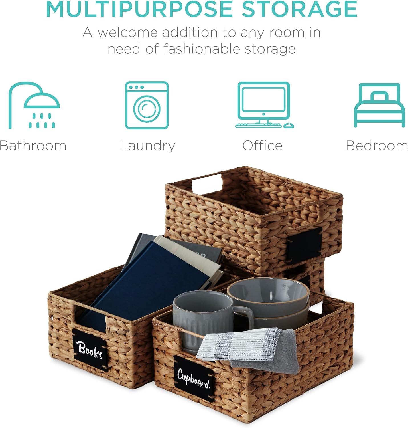 Best Choice Products Set of 4 9x12in Water Hyacinth Pantry Baskets, Woven Organizers w/Chalkboard Label, Chalk Marker - Natural