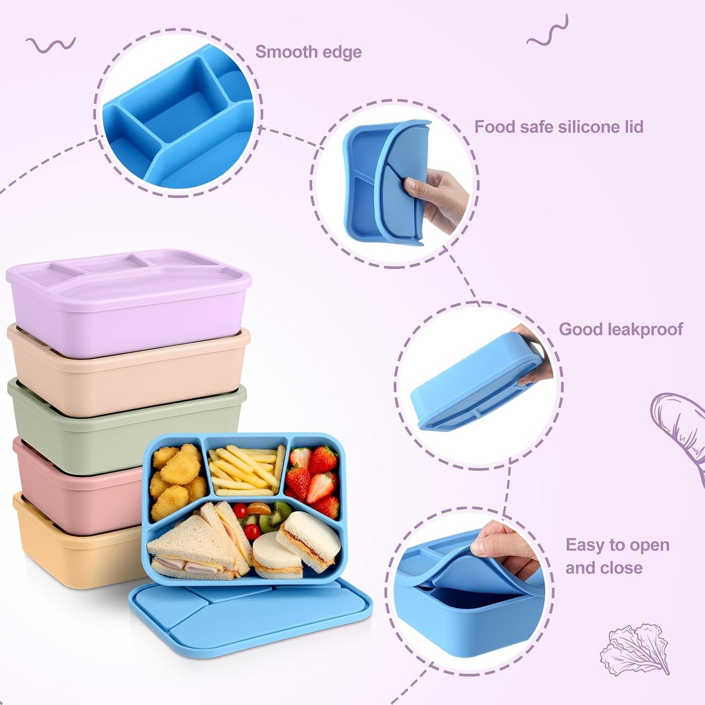 Honeydak 6 Pcs Silicone Bento Box Reusable Lunch Container 4 Compartment Snack Boxes with Lid Smooth LeakProof Rectangle Food Boxes for Adult Work Travel Food Storage (Cute Color)