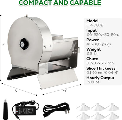 2-in-1 110V Electric Vegetable and Fruit Slicer, Adjustable Thickness 0.04-0.4", Commercial Stainless Steel Cutter for Cabbage, Tomatoes, Lemons