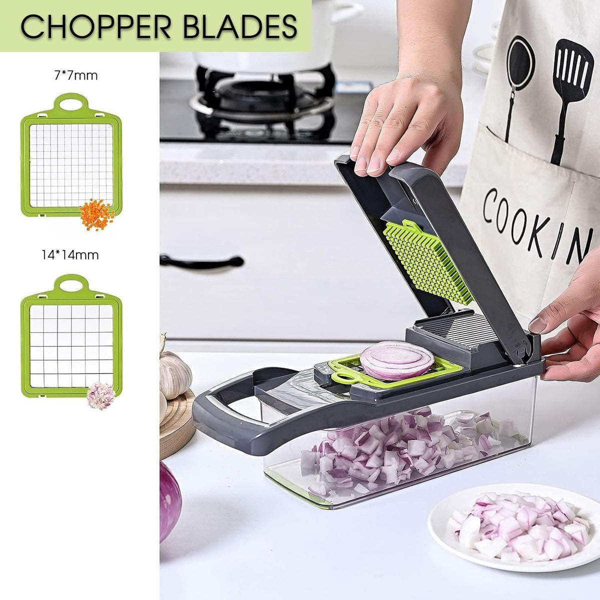Vegetable Chopper with Container 16-in-1, 7 Blades Food Dicer Veggie Slicer | Onion, Tomato, Salad, Slap, Fruit Cutter with Sharp Stainless Steel Blades, All-in-One Kitchen Prep Tool