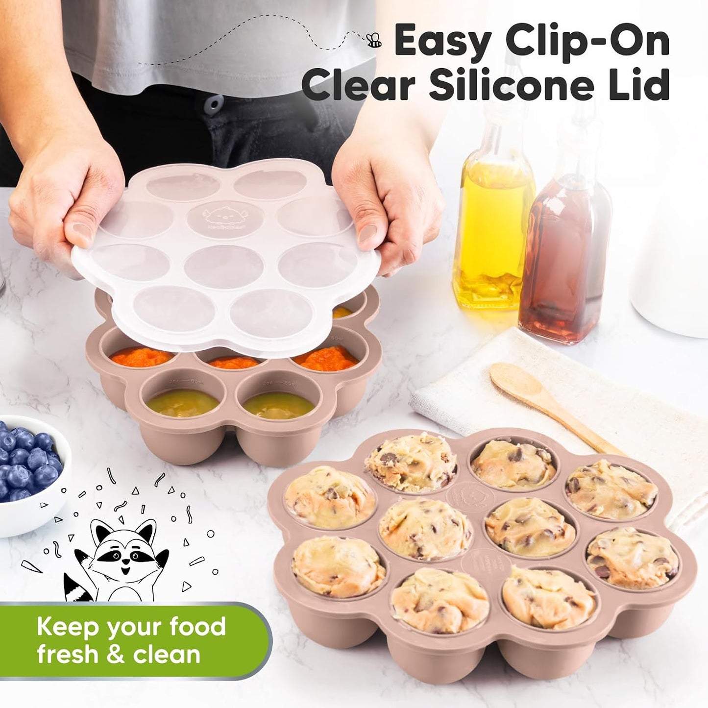 KeaBabies Silicone Food Freezer Trays with Lid, 2oz x 10 Pods Baby Food Storage Containers, Easy Puree Meal Prep, Breast Milk Silicone Freezer Molds, Dishwasher, Microwave Safe, BPA-Free (Slate)
