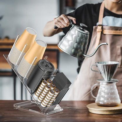 Acrylic Cup and Lid Holder with Straw Organizer, Adjustable Coffee Cup Holder Organizer, 5 Compartment Cup Dispenser for Disposable Paper & Plastic Cups, for Station Home Countertop(Patent in Effect)
