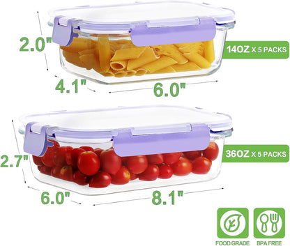 10 Pack Borosilicate Glass Meal Prep Containers with Locking Lids, Glass Food Storage Containers Set, Airtight Lunch Bento Boxes, BPA-Free & Leak Proof, 36oz & 14oz, Freezer, Oven Safe-Pink