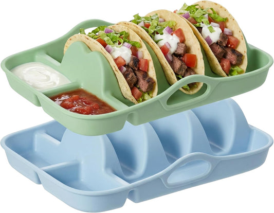 Li&Zhao Silicone Taco Holders Set of 2 - Reusable Taco Plates with Sauce Compartments, Microwave Safe, for Kitchen, Party, Fiesta,Soft Shell Tacos, Serving Taco Tray with Handle