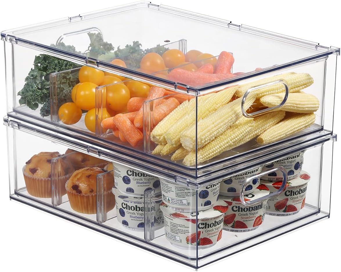 Fridge Organizers and Storage Pull Out Drawer, 2 Small | Stackable, Clear, Fruit and Veggies Containers, for Kitchen, Cabinet