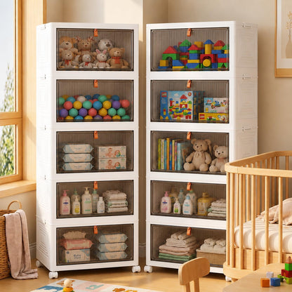 LDQ 136Qt Large Storage Bins with Lids, 4 Tier Stackable Storage Cabinet with Wheels & Clear Doors, Foldable Plastic Closet Organizer for Bedroom, Bathroom & Kitchen