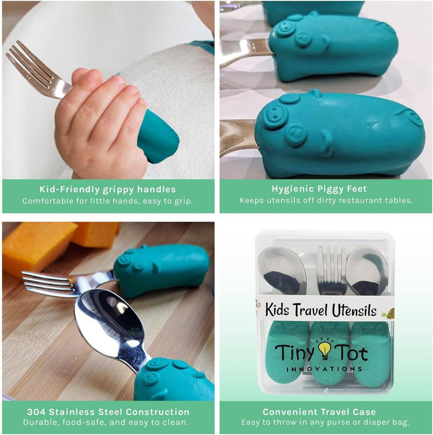 Kids Travel Utensil Set with Case. Include Fork, Universal Spoon, & Ergonomic Right Handed Spoon. Easy grip handles, 304 stainless utensils, feet to keep the utensils off surfaces.
