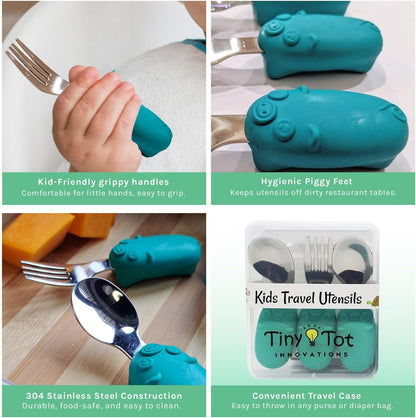 Kids Travel Utensil Set with Case. Include Fork, Universal Spoon, & Ergonomic Right Handed Spoon. Easy grip handles, 304 stainless utensils, feet to keep the utensils off surfaces.