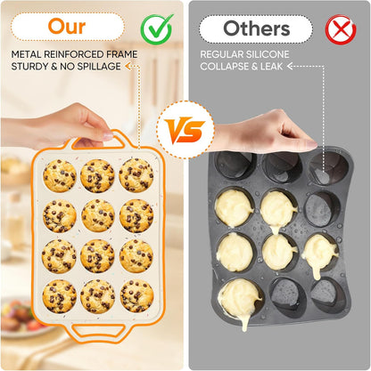 2 Pack Silicone Muffin Pans 12 Cups Regular Size, Nonstick Cupcake Baking Pan with Metal Reinforced Frame, BPA Free Silicone Muffin Trays, Oven & Dishwasher Safe for Homemade Muffins Egg Bites