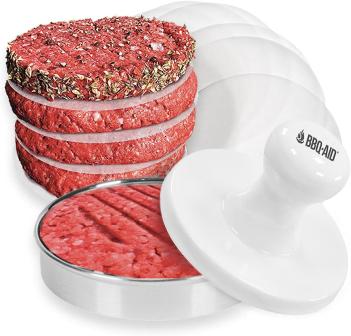 BBQ-Aid Porcelain Burger Press 5"- Round Burger Smasher for Grilling Evenly, Stuffed Burgers- Hamburger Press Patty Maker Perfect for Flat Top Griddle Grill Cooking, Stainless Steel Burger Press