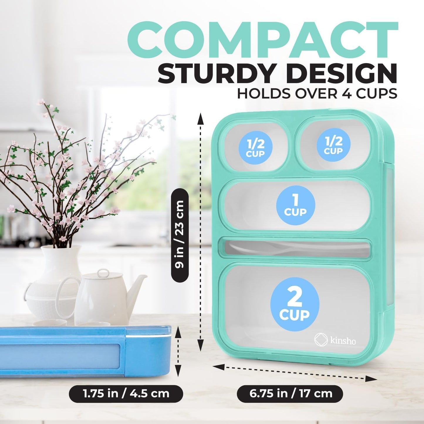 kinsho Bento Lunch-Box for Adults Kids Lunches, Portion Control Container Boxes for Women Girls Boys | Leak-Proof Snack Containers, BPA-Free Utensils 5 Compartments | Blue & Green 2 Pack Set