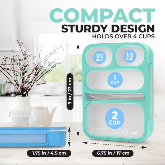 kinsho Bento Lunch-Box for Adults Kids Lunches, Portion Control Container Boxes for Women Girls Boys | Leak-Proof Snack Containers, BPA-Free Utensils 5 Compartments | Blue & Green 2 Pack Set